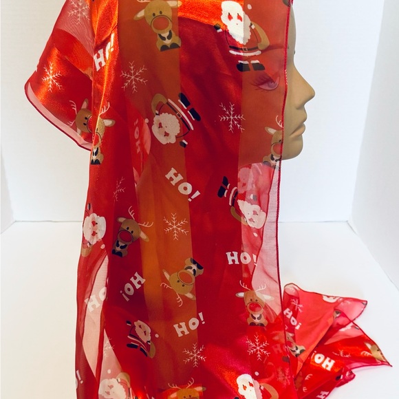 Holiday Christmas Scarves Red Black Santa Reindeer Snowman Lot of Three 58 x 13" - Picture 11 of 16